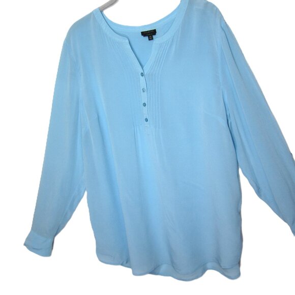 Talbots Sz 20 Solid Light Blue 100% Silk Tunic Blouse Top Pintuck Henley Button - Picture 1 of 9